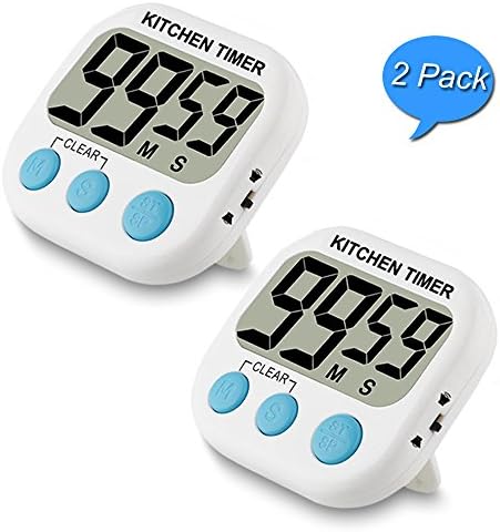 Kitchen Timer Digital Cooking Timer Clock with Loud Alarm Magnetic Backing Stopwatch Retractable Stand Updated Volume Adjustable AAA Battery Operated White 2 Pack