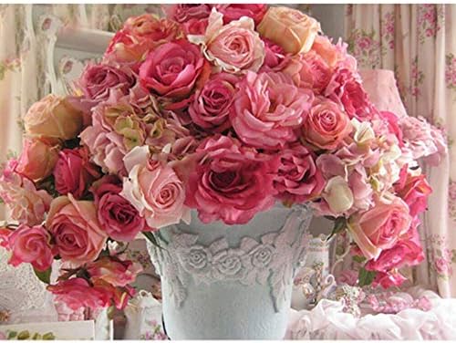 Round Crystal Cross Stitch Picture Diamond Embroidery Flower Pink Rose Vase Home Decor Diamond Painting Moasic Floral,45X60cm