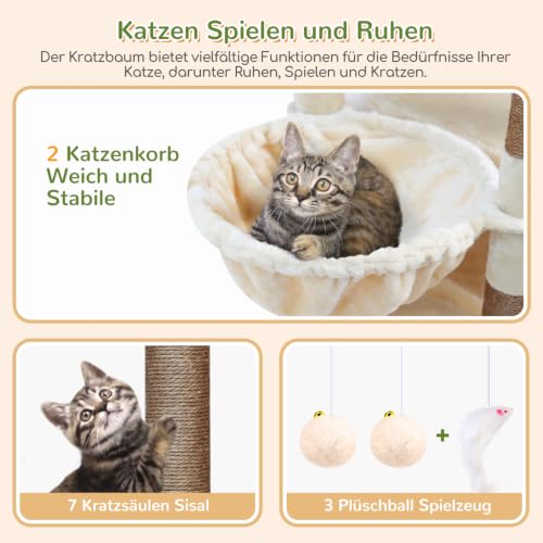 Globlazer Cat Scratching Post Beige XXL 188 cm with 2 Extra Large Cat Houses 50 x 30 x 30 cm, Enlarge Platform Padded, 2 Cat Baskets, Sturdy Cat Tree Corner Tilt-Proof for Large Cats, Heavy (S74, Beige)