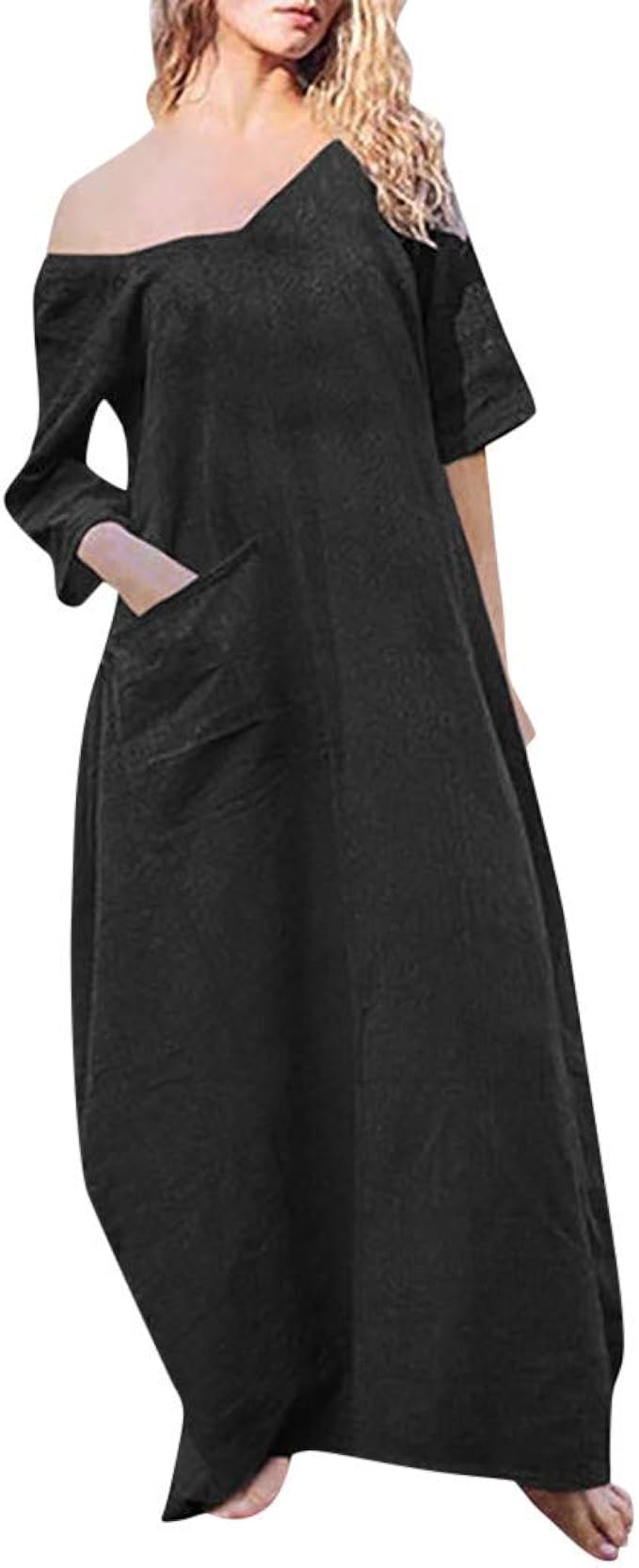 Vectry Maxikleid Damen Grosse Grosse Halbe Armel Leinen Boho Sommerkleider Elegant Einfarbig Ruckenfrei Lang Kleid Strandkleid Amazon De Bekleidung