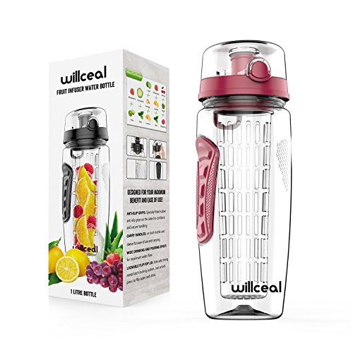 Willceal Fruit Infuser Water Bottle 32oz Durable, Large - BPA Free Tritan, Flip Lid, Leak Proof Design - Sports, Camping (Dull Red)