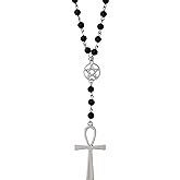 Sacina Gothic Ankh Cross Pentagram Necklace, Bead Chain Rosary Cross Necklace, Goth Jewelry Gift for Women, Men