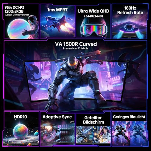 KTC Ultrawide Curved Monitor 34 Zoll, UWQHD (3440 x 1440) 180Hz Gaming Monitor, Adaptive Sync, 21:9 VA Panel 1500R, 1ms MPRT, HDR 10, Verstellbarer Ständer, 2 x DP 1.4, 2 x HDMI 2.0, H34S18S thumbnail 3