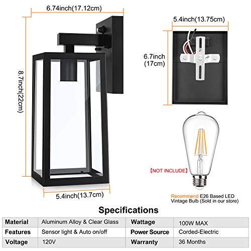 Dusk to Dawn Sensor Outdoor Wall Sconce, Exterior Wall Lantern Fixture with E26 Base Socket, Wall Mount Lights Anti-Rust Waterproof Matte Black Wall Lamp with Clear Glass Shade for Garage, Doorway