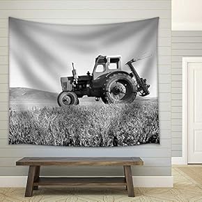 Tractor Agriculture Tranquil Remote Suburb Field Concept - Fabric Wall Tapestry Home Decor - 51x60 inches