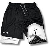 SAVD Christian Performance Shorts - Youth/Kids Gym & Sport Shorts with Pockets & Compression Liner, Bible Verse Activewear
