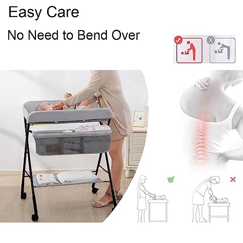 DMG TECH Portable Baby Changing Table, Waterproof Diaper Changing Table with Wheels, Adjustable Height Folding Diaper Station with Safety Belt, Large Storage Racks for Newborn Baby and Infant