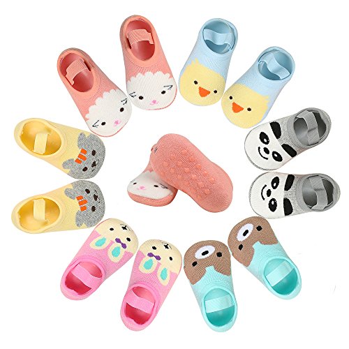 Dicry 6 Pairs Baby Girl Non Skid Mary Jane Socks Cartoon Animal Toddler Socks for 12-24 Months