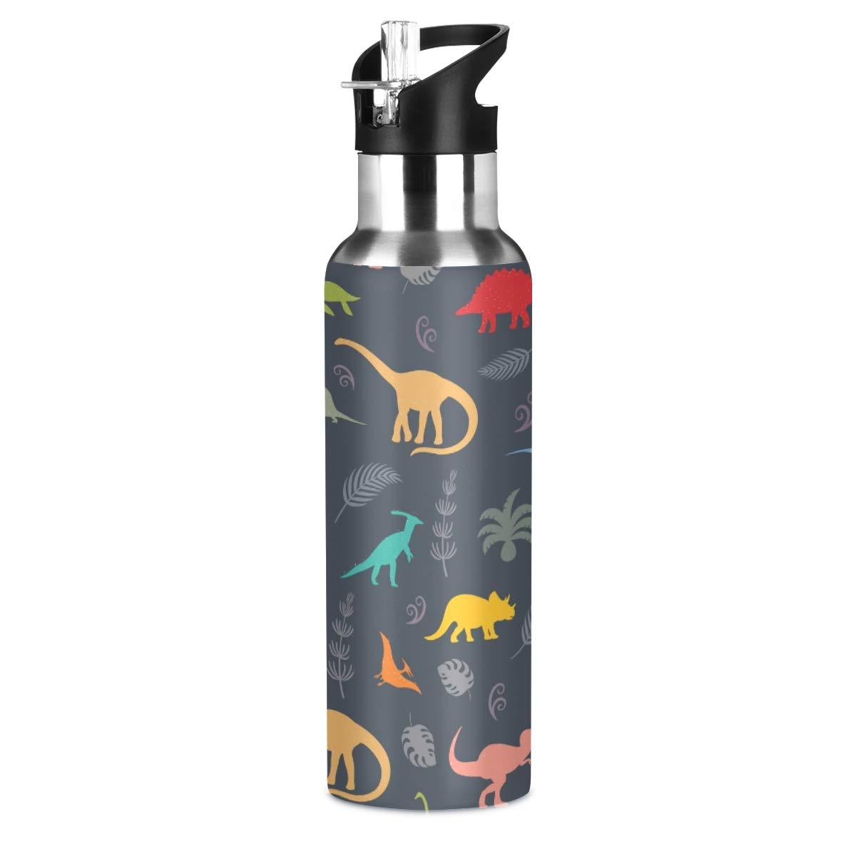 Mnsruu Colorful Dinosaur Silhouettes Water Bottle Drink Flask with Straw Lid for Boys Girls,600 ml,Leakproof Stainless-Steel Sports Thermos for Women Men Teenage