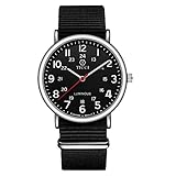 Unisex Noctilucent Watch Men Quartz Watch NATO Nylon Strap Band Women Wristwatch Luminous Dial Wrist Watch (Black Black)