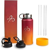Bright Line Eating Signature B Logo 32oz Stainless Steel Water Bottle - Insulated, Dishwasher Safe, BPA Free, Includes 3 Lids, Orange Silicone Boot