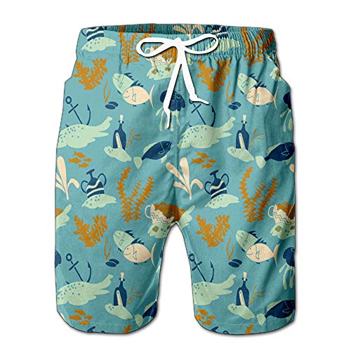 Quick Dry Underwater Hidden Treasures Wallpaper with Fishers Jellyfishes and Old Vases Beach Shorts Swim Trunks Board Shorts L - Thumbnail 4
