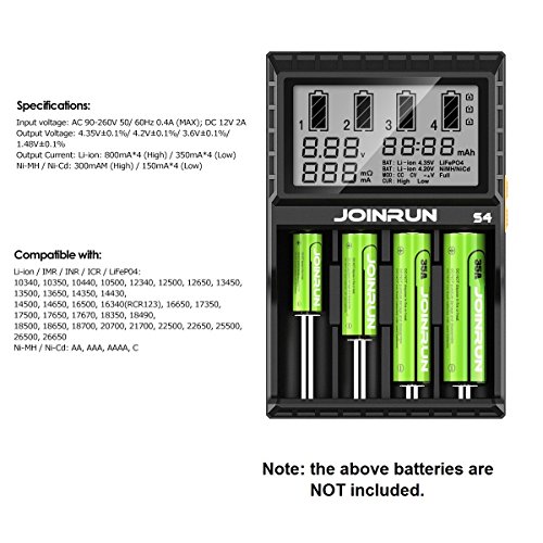 LCD Display Speedy Universal Battery Charger, WAAO Joinrun S4 Smart Charger for Rechargeable Batteries Ni-MH Ni-Cd A AA AAA C, Li-ion 18650 26650 26500 22650 18490 17670 17500 RCR123
