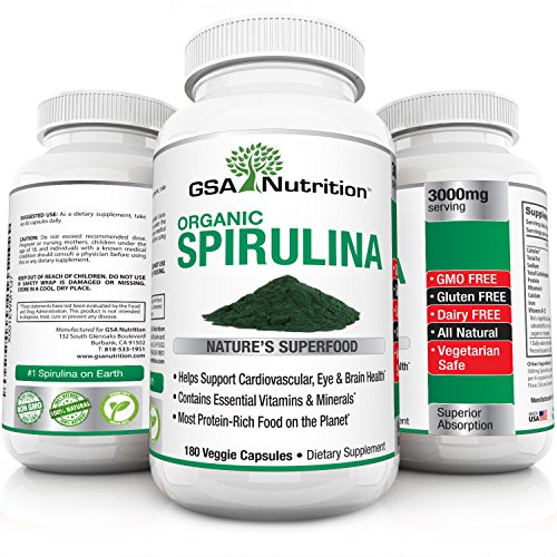 Organic Spirulina 180 Veggie Capsules | 3000mg | Extra Strength | Gluten Free | Non - GMO