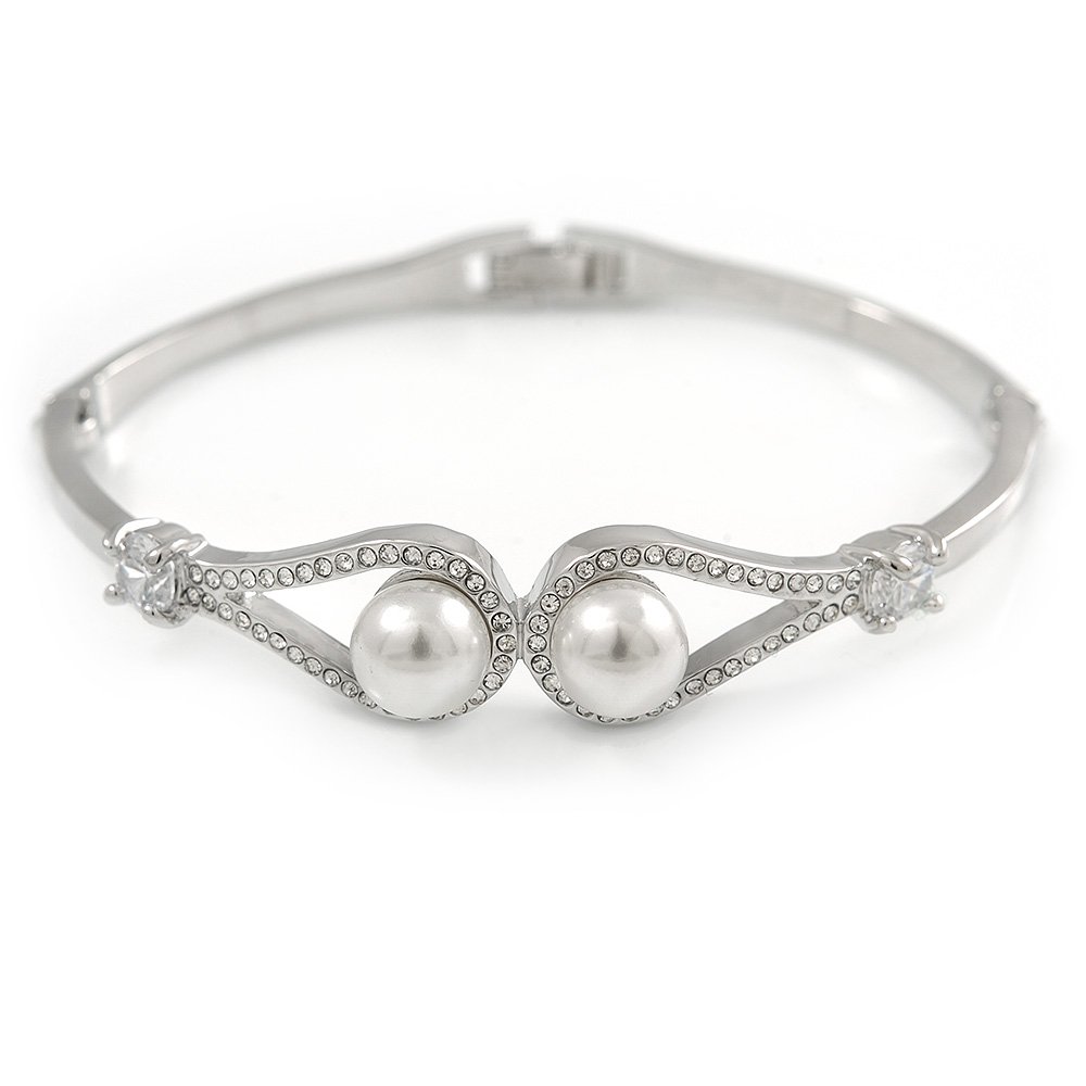 Avalaya Elegant Double Loop Glass Pearl Clear Crystal Bangle Bracelet/Rhodium Plated Metal/Size S