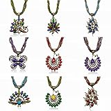 VTG Lady Peacock Butterfly Resin Crystal Waved Chain Bib Pendant Necklace