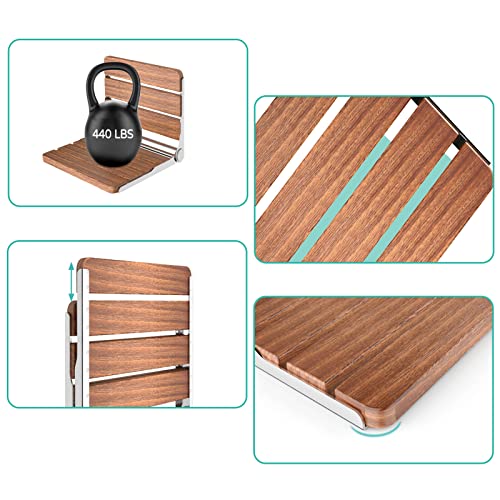 Heuffe Folding Wall Shower Chair – Capacity 200 kg Ergonomic Backrest, Non-Slip Elderly/Disabled, Folding Bench Sapeli Wood