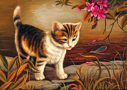 Diy Oil Painting Paint by Number Kits For Adults Wall Art Ready to Hang- Cat and Dragonfly 16x20inch