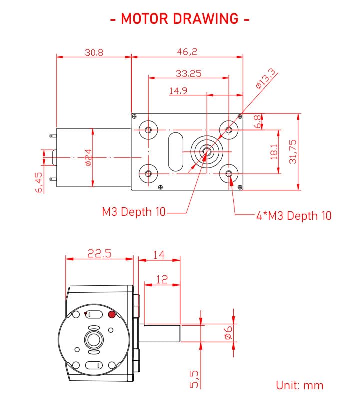 12V DC Worm Gear Motor 12RPM - 33.5kg.cm High Torque With Flange Couplings