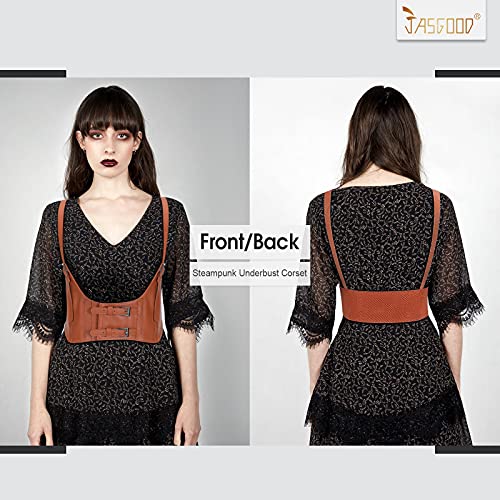 JASGOOD Women Fashion Faux Leather Waist Belts Steampunk Underbust Black Corset for Dress Set of 2(Black+Brown,Fit Waist Size 27\