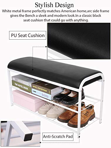 WillingHeart Shoe Bench Rack Entryway with Faux Leather Seat Holds Up to 400Lb,2 Tiers Iron Storage Organizer Shoe Shelf Industrial Stand End Bed Stool for Hallway Bedroom Living Room Corridor Mudroom - Thumbnail 3