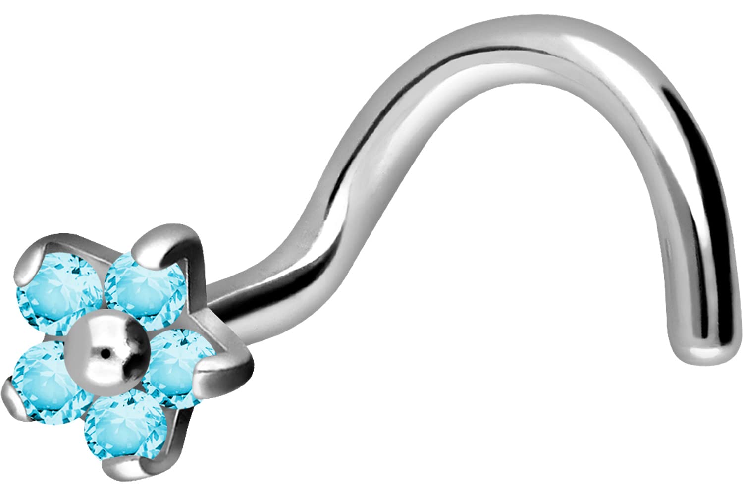 PIERCINGLINE nose piercing | TITANIUM | FLOWER with 5 CRYSTALS | Piercing nose stud spiral - light blue
