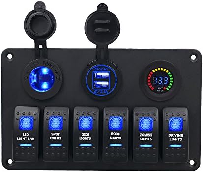 Kriogor Switch Panel 6 Switches + Dual USB 5V 2.1A Charger + LED Voltage Display 12V + Cigarette Lighter 12/24V for Marine Boat Van Truck