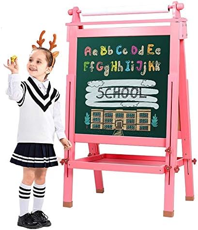 キッズ木製アートイーゼルホワイトボード黒板両面磁気製図ボードスタンド 教育幼児 保育園 学校 家庭用 三脚イーゼル 希望者のみラッピング無料 色 ピンク