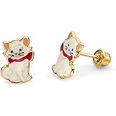 14k REAL Yellow Gold CZ Enamel Cat Stud Earrings with Screw Back