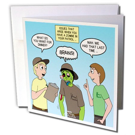 3dRose gc_221220_2 6 x 6-Inch "Zombie Scout Menu Planning - Knots Summer Camp Zombie Apocalypse" Greeting Card (Set of 12)