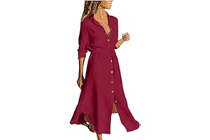 Mzkdieey Women Solid Color Long Sleeve Shirt Dress Casual Cotton Linen Buttons Down Maxi Dresses Collar V Neck Pocketed Dress