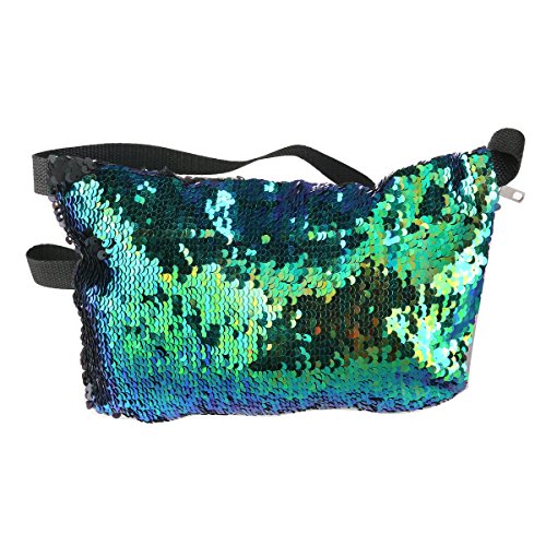 OULII Sports Bag Casual Bag Waist Pack Waist Bag Double Color Sequins Valentine's Day gift for women girls (Blue Green + Black)