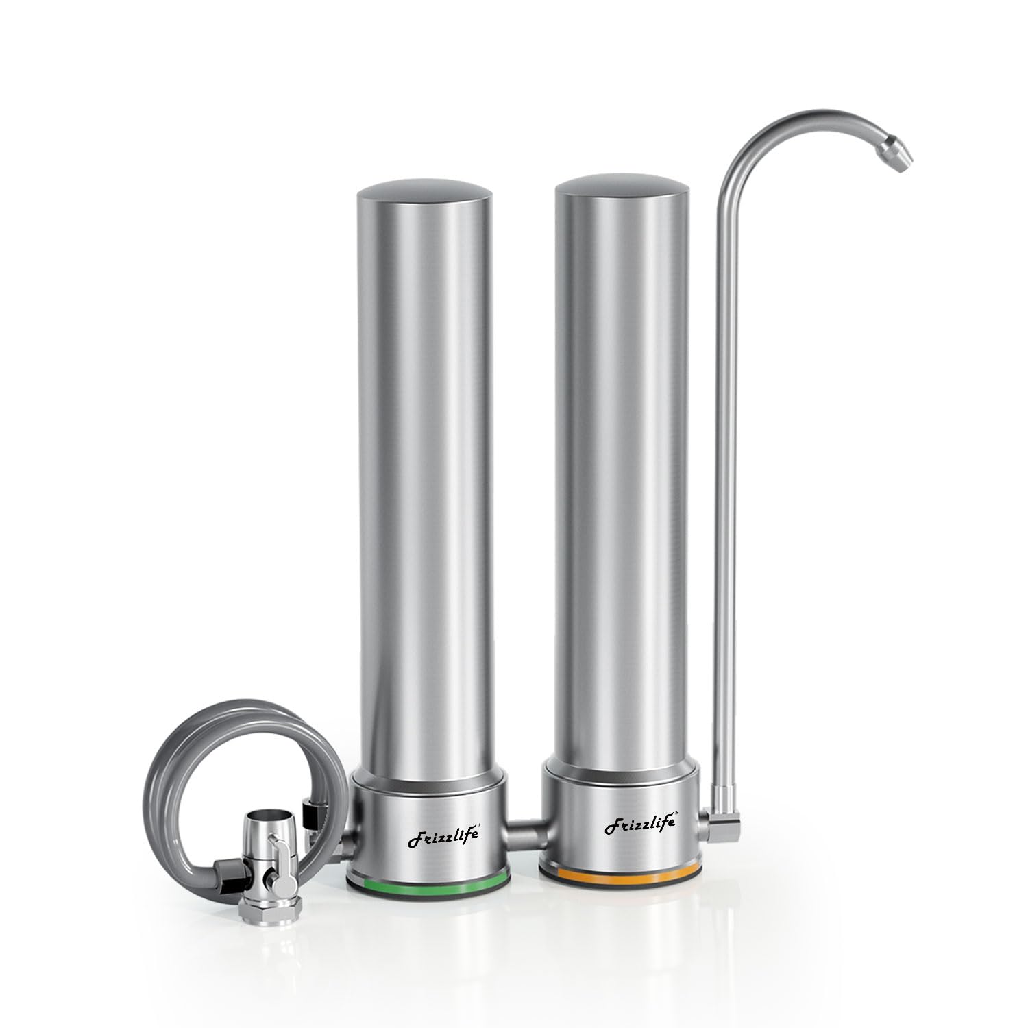Frizzlife DS99-S Countertop Water Filter System, 8-Stage Stainless Steel Faucet Water Filtration, 0.5 Micron NSF Certified Elements Reduces 99.99% Lead, Chlorine, Heavy Metals, Scale and Limes