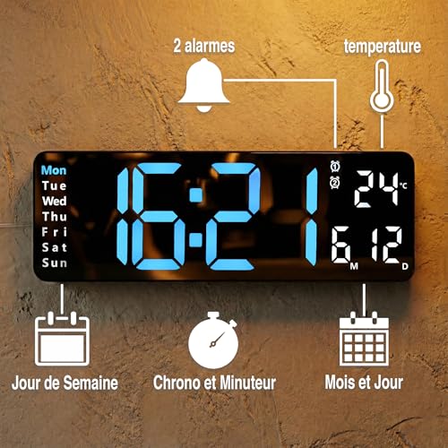 Opis Technology Digital Wall Clock - Large Display, LED Digits - Silent - Clock 1XL Blue/White