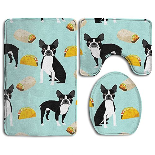 Huadduo Boston Terrier Tacos 3 Piece Bathroom Rug Mat Set Soft Memory Foam Bath Carpet Contour Rug With Lid Cover