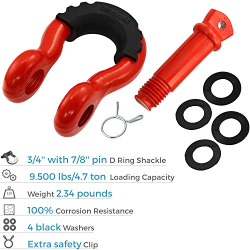 motormic RED D Ring Shackles 2pack - 3/4" Clevis Shackle with 7/8" Pin - Max 57,000 lbs Break Point - 2 Black Isolators and 8 Black Washers - Heavy Duty DRing for Tow Strap and Jeep Towing