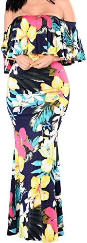 Dynen Women's Floral Print Off Shoulder Ruffle Party Long Maxi Dress