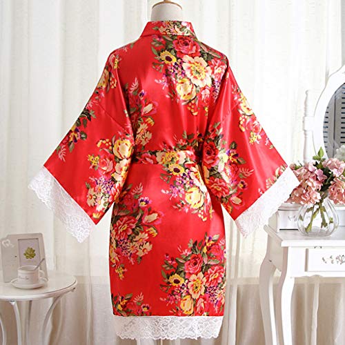 CofeeMO Satin Floral Print Kimono Lace Short Robe Pajamas for Women,Sexy Long Sleeve Ladies Sleepwear(Red,Free Size)