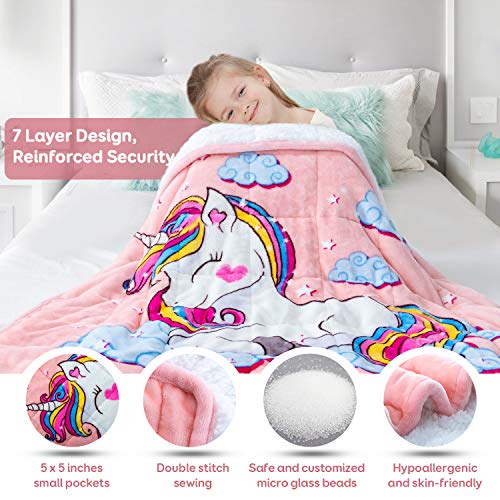 Sivio Kids Sherpa Fleece Weighted Blanket, 5lbs Pink Unicorn, Ultra Soft and Cozy Heavy Blanket, Great for Calming and Sleep, Fall and Winter Sherpa Flannel Weighted Blanket for Child, 36x48 Inch