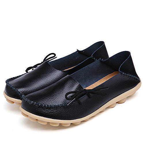 RT Group Women’s Leather Loafers Casual Shoes Moccasins Wild Breathable Flat Indoor Slip on Slippers (Size10, 1black)