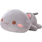 Jensquaify Cat Stuffed Animals, Soft Cat Plush Pillow Kawaii Kitten Stuffed Animal Toy Gifts for Kids (Grey Round Eyes, 13.7")