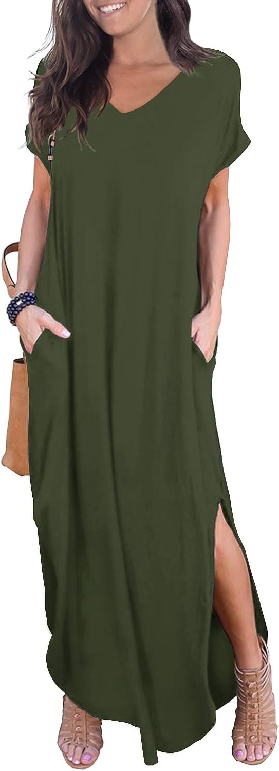 GRECERELLE Women's Casual Loose Pocket Long Dress Short Sleeve Split Maxi Dresses at  Women’s Clothing store