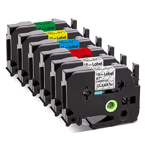 Label KINGDOM Compatible Label Tape Replacement for Brother P-Touch TZe-241 TZe-141 TZe-441 TZe-541 TZe-641 TZe-741, 18mm Color Label Tape, Black on White/Clear/Red/Blue/Yellow/Green, 6-Pack