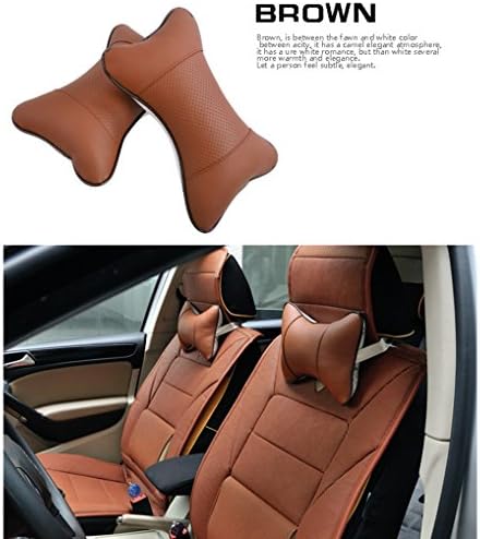 SEERCAR 2 Piece Car Seat Leather Neck Pillow,Head Rest Cushion Pad,Dog Bone Shape Rest Cushion. (Brown)