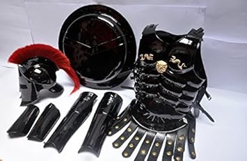 Armure de combat du roi romain Leonidas de Sparte du film 300 constituÃ©e du casque romain mÃ©diÃ©val avec panache rouge + cuirasse musculaire + bouclier + jambiÃ¨re + canon de bras  par Nauticalmart