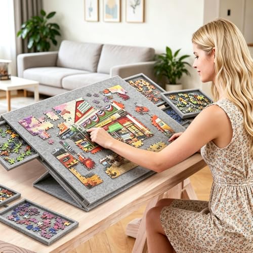 1000 Pieces Puzzle Table, Portable Puzzle Board with 6 Drawers, Lightweight Felt Storage Case, Portable Storage for 1000 Pieces, Tilting Puzzle Table for Adults and Kids