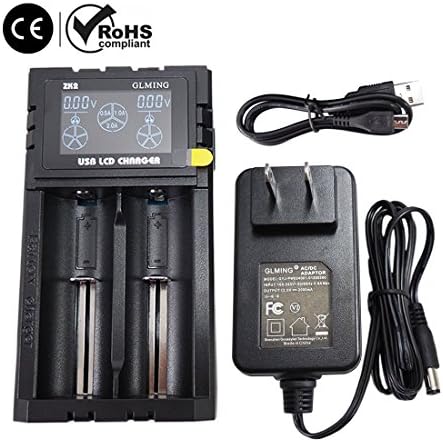 GLMING ZK2 Lithium Battery Charger, Multi-functional &amp; Automatic 2 Bay with LCD Indicator for Li-Ion Battery with 12V 2A 24W FCC Certification Power Supply Adapter &amp; USB Cable