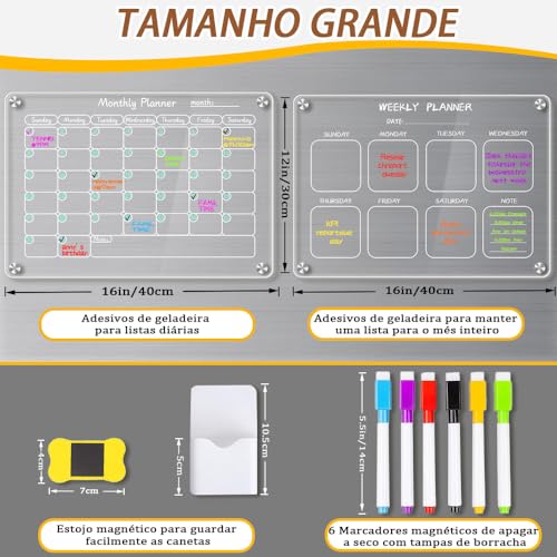 Planner Mensal, Quadro Planner, 40x30CM, Set de 2 com 6 Canetas Planner Mensal, Quadro Organizador de Tarefas, Calendários Magnético Acrílico para Geladeira, Planejamento Mensal