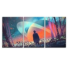 3 Piece Canvas Wall Art - Illustration - Man Standing Alone in Forest with Fictional Planets Background - Modern Home Art Stretched and Framed Ready to Hang - 16"x24"x3 Panels