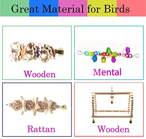 ESRISE 7 Pcs Bird Parrot Toys, Natural Wood Hanging Bell Pet Bird Cage Hammock Swing Climbing Ladders Wooden Perch Mirror Chewing Toy for Conures, Love Birds, Small Parakeets Cockatiels, Macaws